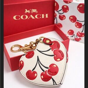 Coach Cherry Print Heart Coin Case Keychain NWT